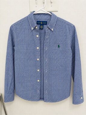 Boys Ralph Lauren Blue Gingham Button-Down Shirt with Green Pony